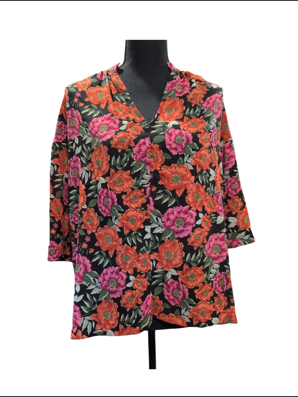 Gibson Black Floral V-Neck Blouse Top Size M